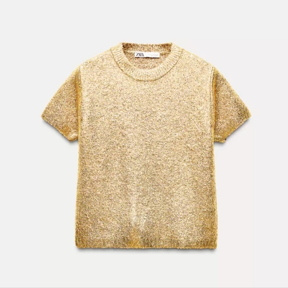 NWT Zara golden foil knit short sleeve Sweater - Picture 4 of 7